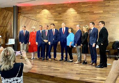 (Mark Eddington | The Salt Lake Tribune) Republican candidates hoping to replace Rep. Chris Stewart, who is leaving Congress this fall at a debate in St. George on Thursday night. From left to right: Jordan Hess, Becky Edwards, Greg Hughes, Bill Hoster, Scott Reber, Quin Denning, Celeste Maloy, Bruce Hough, Kathleen Anderson, Henry Eyring, and Scott Hatfield.