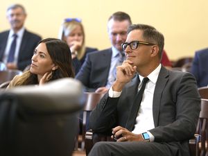 (Leah Hogsten | The Salt Lake Tribune) Aaron Skonnard, right, listens to other nominees' presentations before the Senate Education Confirmation Committee, June 5, 2023. Skonnard and eight other nominees to the Utah Board of Higher Education were confirmed by the Utah Senate Thursday.