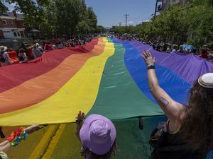 (Rick Egan | The Salt Lake Tribune)  The Rainbow goes down 400 East in the Pride Parade, on Sunday, June 4, 2023.

