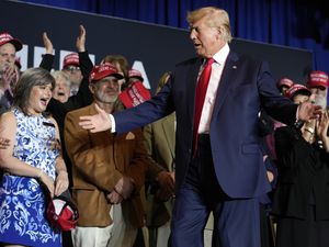 Former President Donald Trump arrives at a campaign rally, Thursday, April 27, 2023, in Manchester, N.H. (AP Photo/Charles Krupa)