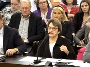 (Screengrab) Sara Hacken, center, Alpine School District's school board president, spoke to lawmakers on the Administrative Rules Review and General Oversight Committee on June 12, 2023. At left is Kraig Brinkerhoff, the district's executive director of legal services and at right is Julie King, Alpine School District school board vice president.