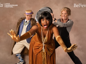 (Karl Hugh | Utah Shakespeare Festival, sponsored) Jim Poulos (left) as Max, Nazlah Black as Sandra, and Melinda Parrett as Annie in the Utah Shakespeare Festival’s 2023 production of The Play That Goes Wrong.