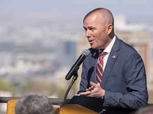 (Rick Egan | The Salt Lake Tribune)  Gov. Spencer Cox kicks off the "Guiding Our Growth" statewide survey, in partnership with Envision Utah during a news conference at Red Butte Garden, on Thursday, May 11, 2023.