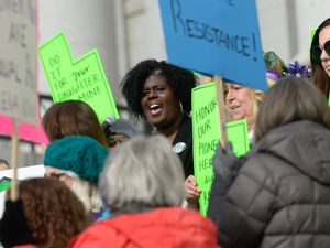 (Francisco Kjolseth  |  The Salt Lake Tribune) Utah women's voices deserve to be heard and amplified. That is the focus behind The Salt Lake Tribune and Community Writing Center sponsorship of women's writing workshops and an anthology of their work. Here, Christian Nunes, vice president of the National Organization for Women, center, joins the Utah ERA Coalition in a demonstration on the steps of the State Capitol building on Monday, Jan. 27, 2020, during the first day of the 2020 legislative session.