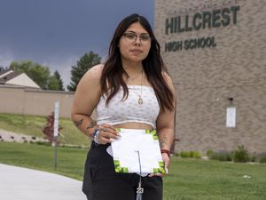 (Rick Egan | The Salt Lake Tribune)  Alexis Archuleta holds the beaded graduation cap she was not allowed to wear at her Hillcrest graduation, on Thursday, June 1, 2023.
