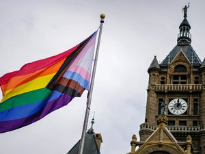 (Francisco Kjolseth | The Salt Lake Tribune) The Pride flag is raised at Washington Square by Salt Lake City and LGBTQ+ leaders, marking the beginning of Pride Month on Thursday, June 1, 2023.