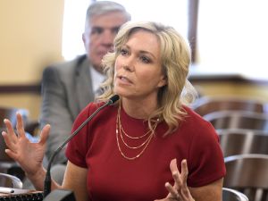 (Leah Hogsten | The Salt Lake Tribune) Amanda Covington, one of nine nominees to the Utah Board of Higher Education, makes her presentation before the Utah Senate Education Confirmation Committee, Monday, June 5, 2023  at the Capitol.